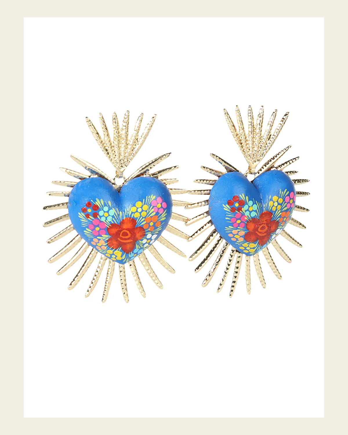 Artisanal Hand Painted Earrings Blue 603971 on a warm cream background