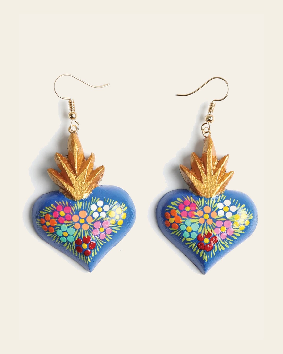 Artisanal Hand Painted Earrings Blue 603975 on a warm cream background