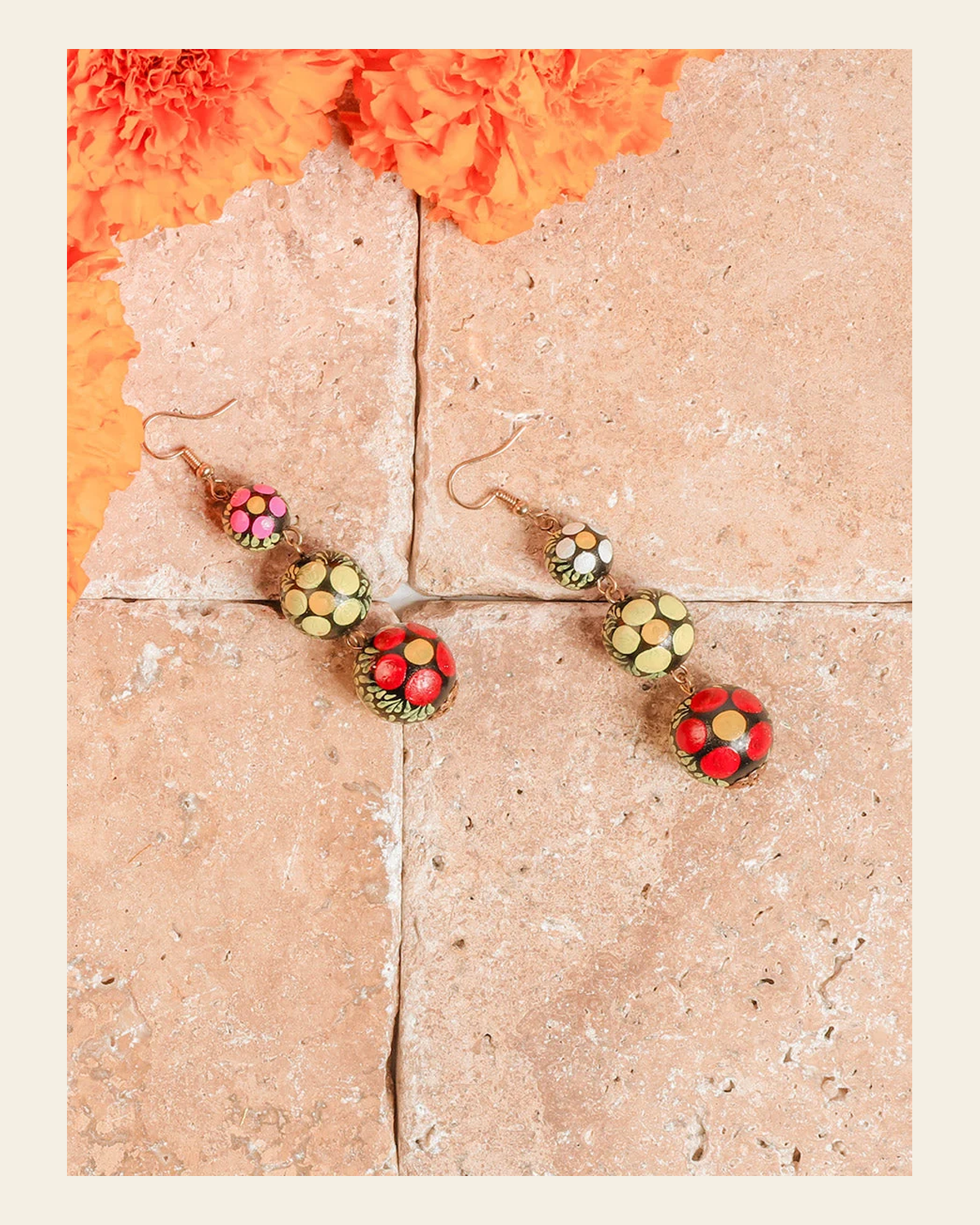 Artisanal Hand Painted Earrings Multicolor 602159 on a warm cream background