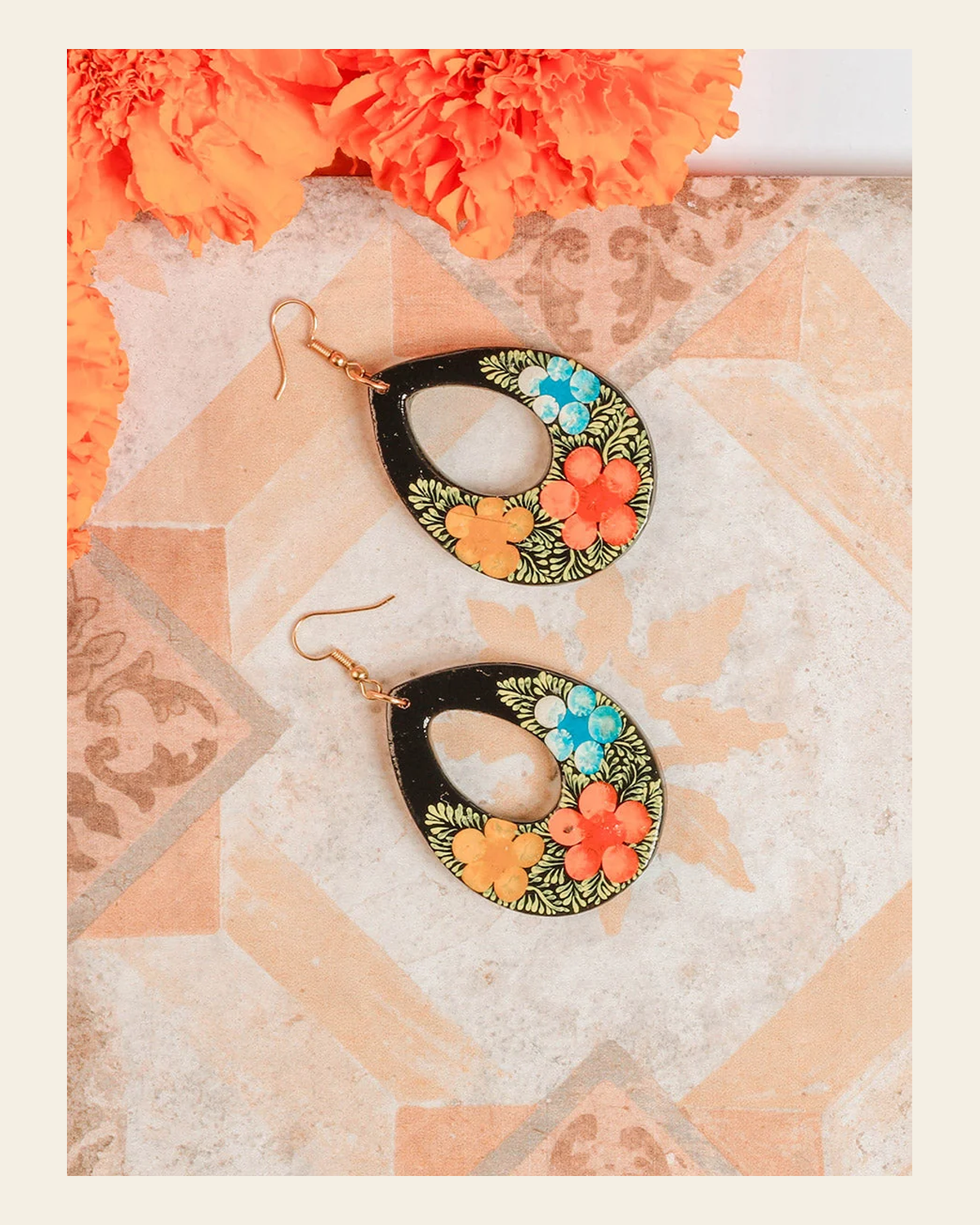 Artisanal Hand Painted Earrings Multicolor 602161 on a warm cream background