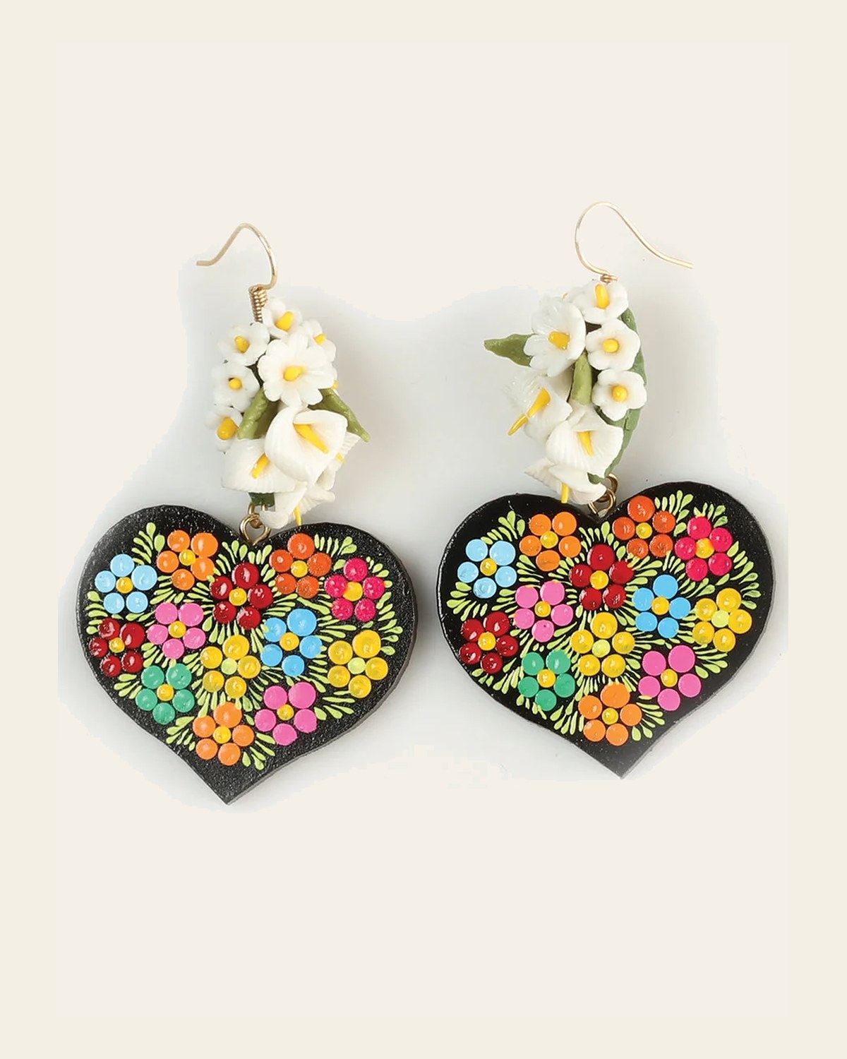 Artisanal Hand Painted Earrings Multicolor 603108 on a warm cream background