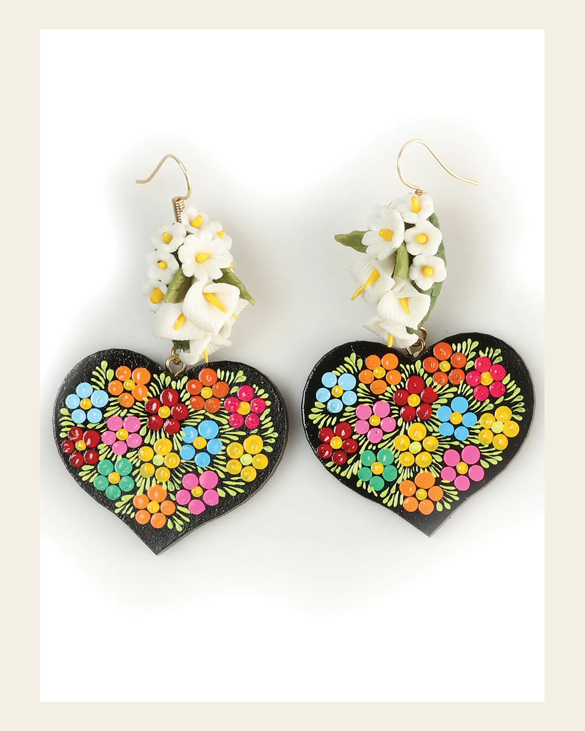 Artisanal Hand Painted Earrings Multicolor 603108 on a warm cream background