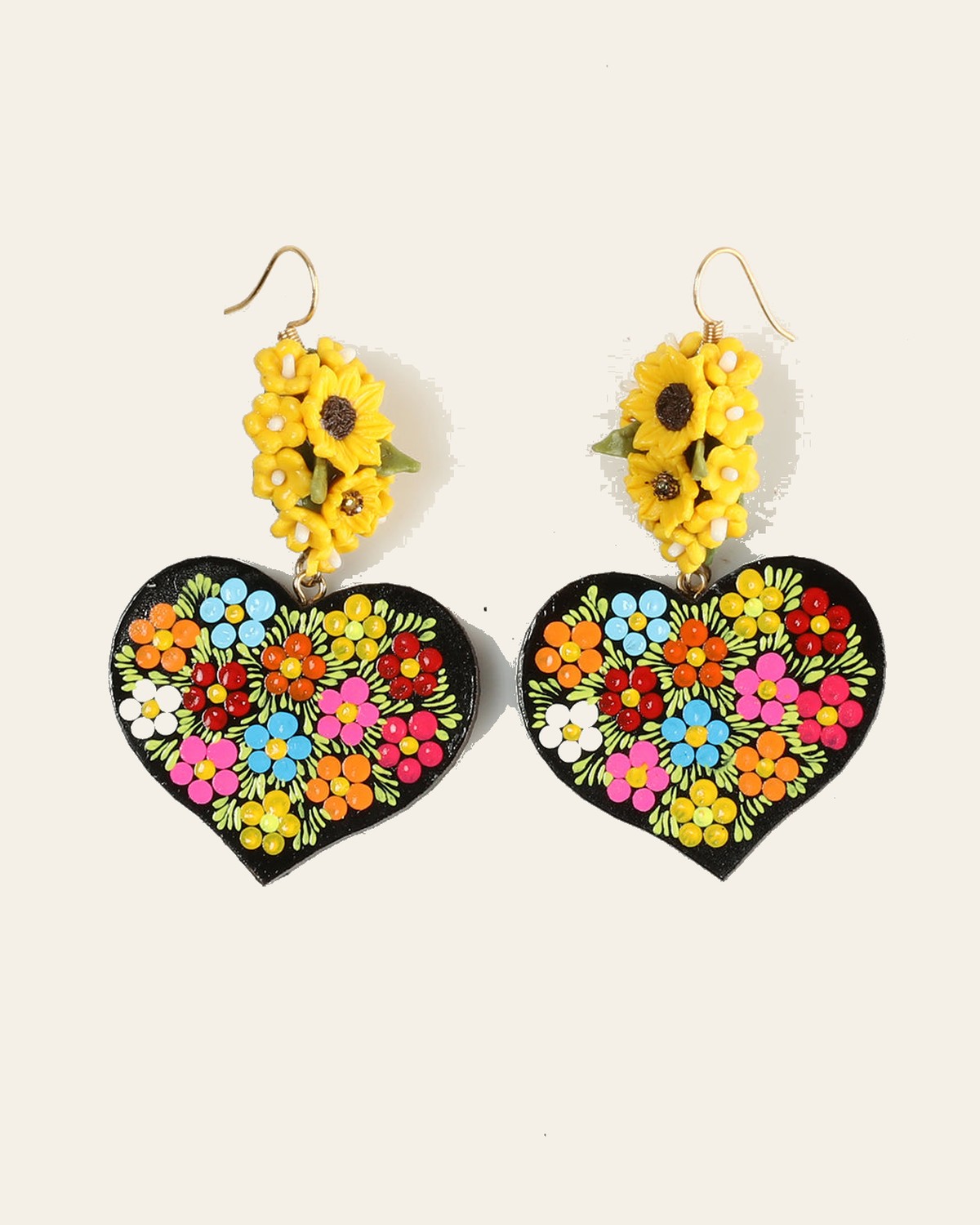 Artisanal Hand Painted Earrings Multicolor 603109 on a warm cream background