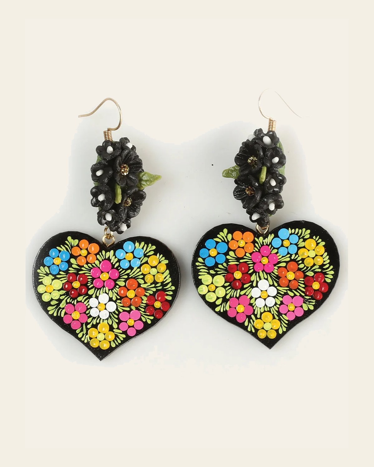 Artisanal Hand Painted Earrings Multicolor 603110 on a warm cream background