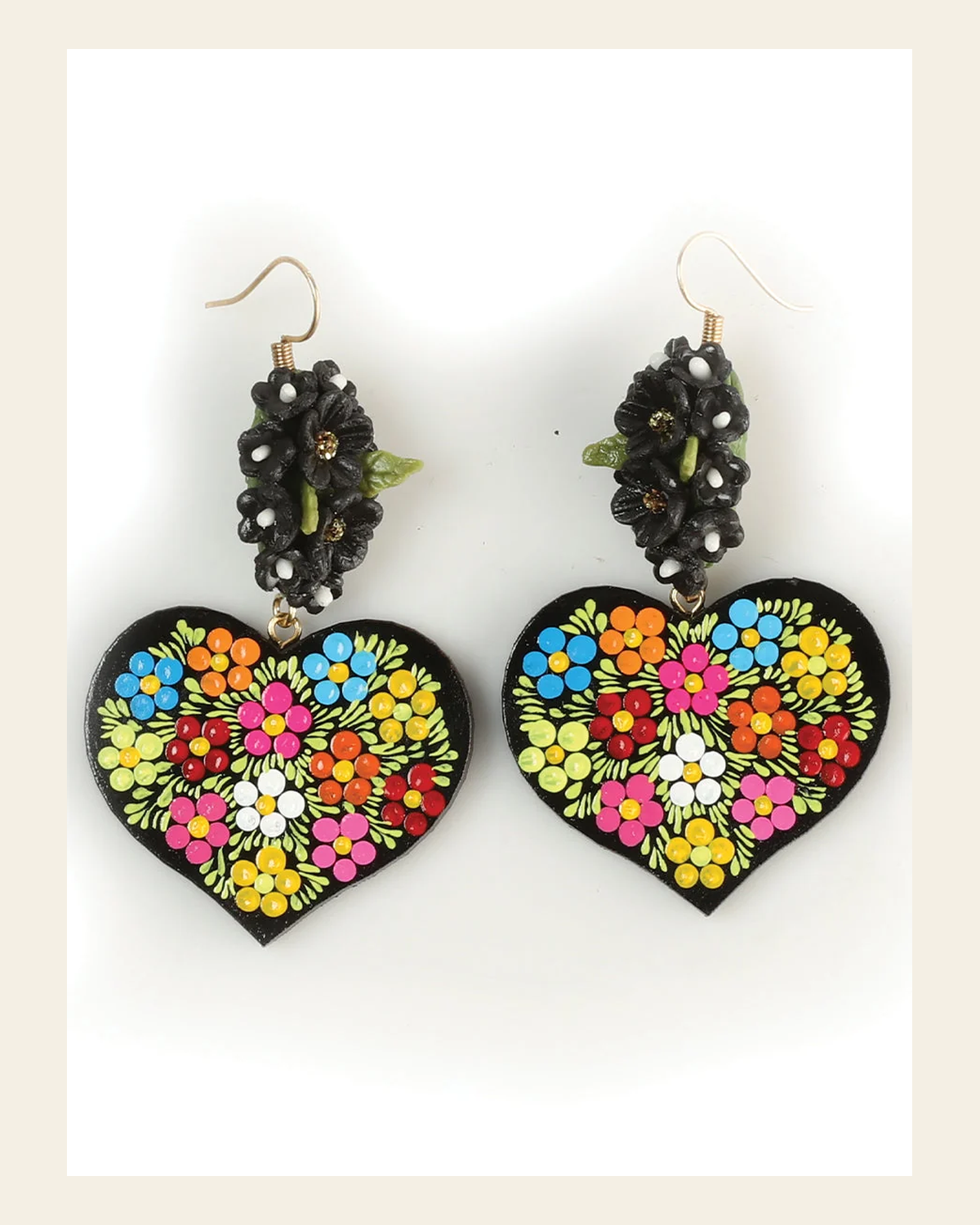 Artisanal Hand Painted Earrings Multicolor 603110 on a warm cream background