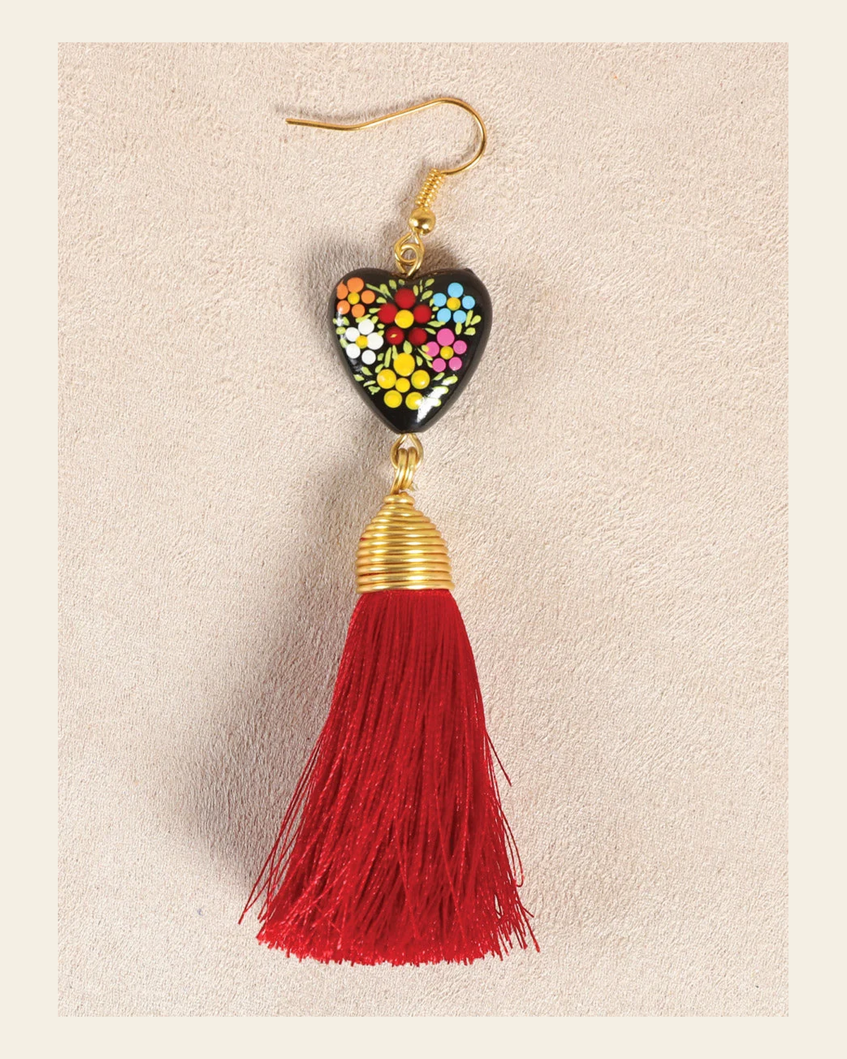 Artisanal Hand Painted Earrings Red 602162 on a warm cream background