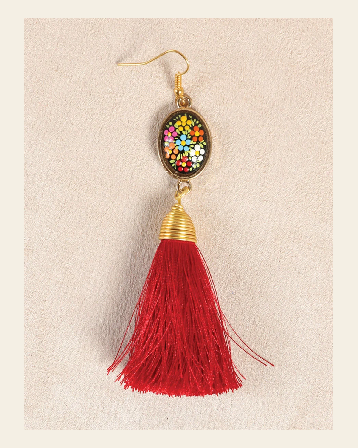 Artisanal Hand Painted Earrings Red 602170 on a warm cream background