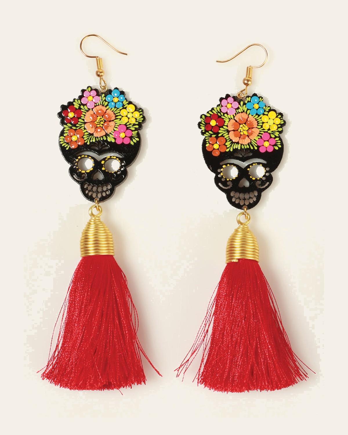 Artisanal Hand Painted Earrings Wood-Silk Thread Red 602941 on a warm cream background