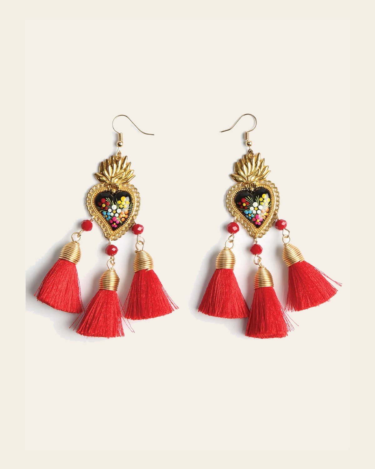 Artisanal Hand Painted Earrings Red 603973 on a warm cream background