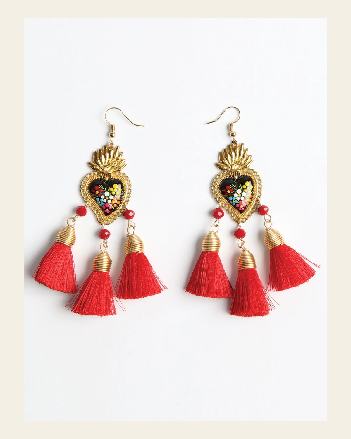Artisanal Hand Painted Earrings Red 603973 on a warm cream background