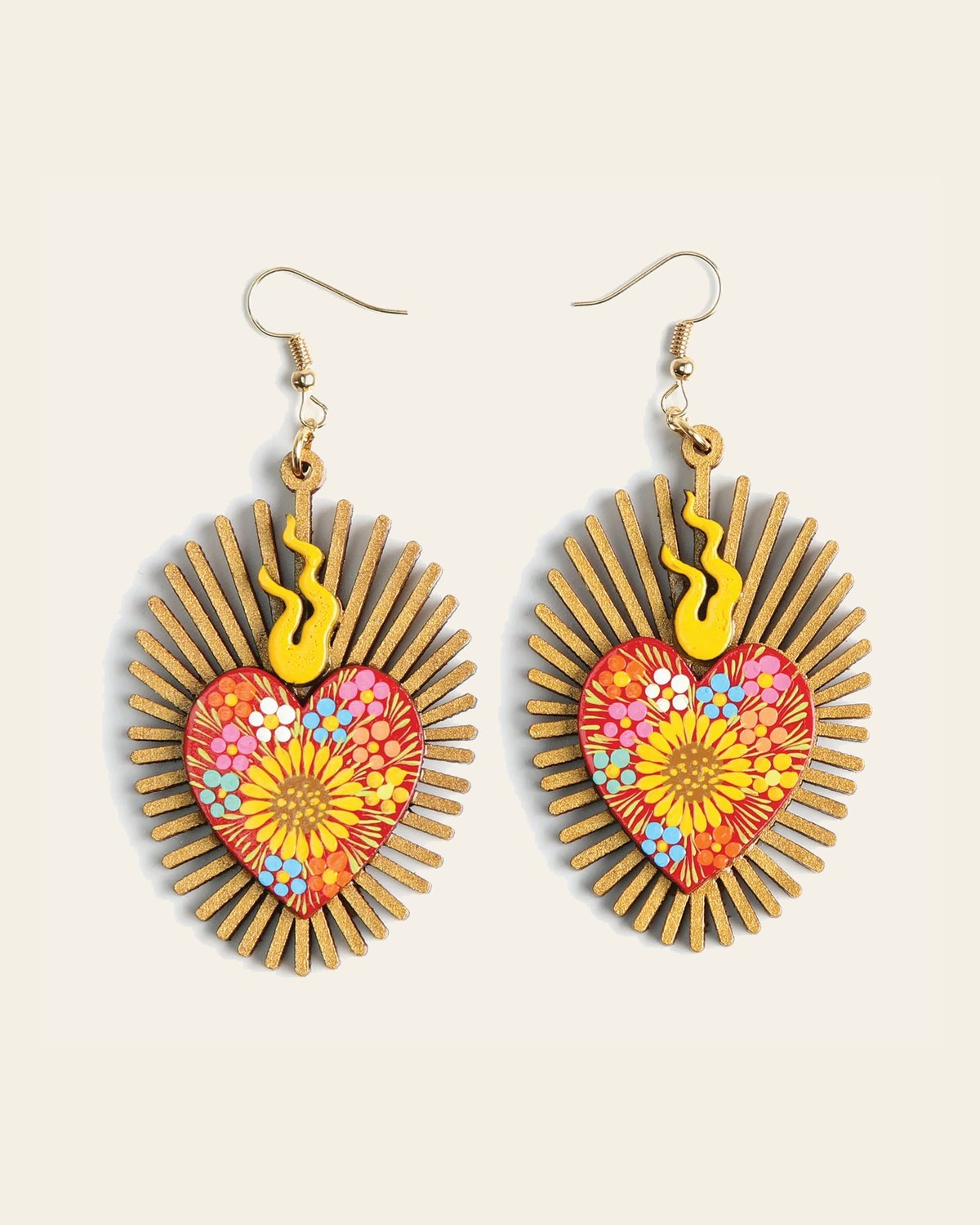 Artisanal Hand Painted Earrings Red 603977 on a warm cream background