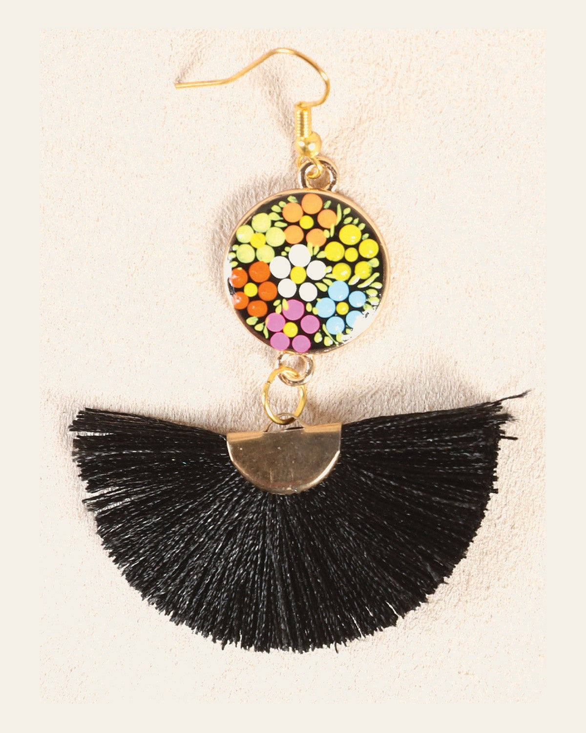 Artisanal Hand Painted Earrings Wood-Silk Thread Black 602177 on a warm cream background