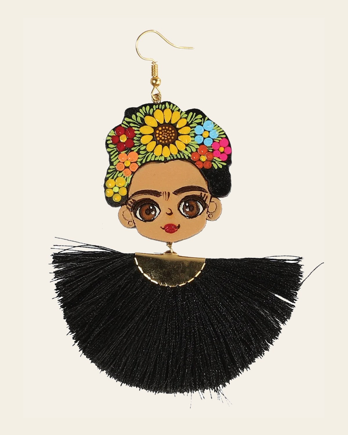 Artisanal Hand Painted Earrings Wood-Silk Thread Black 602989 on a warm cream background