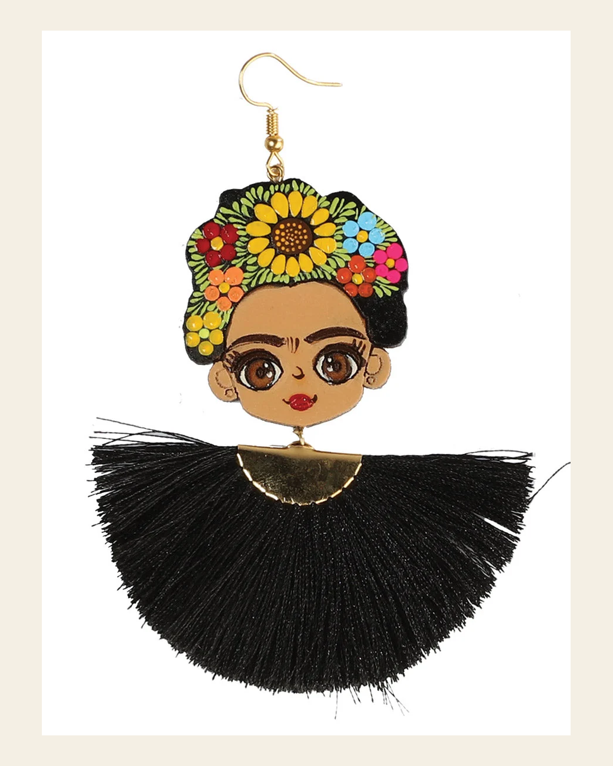Artisanal Hand Painted Earrings Wood-Silk Thread Black 602989 on a warm cream background