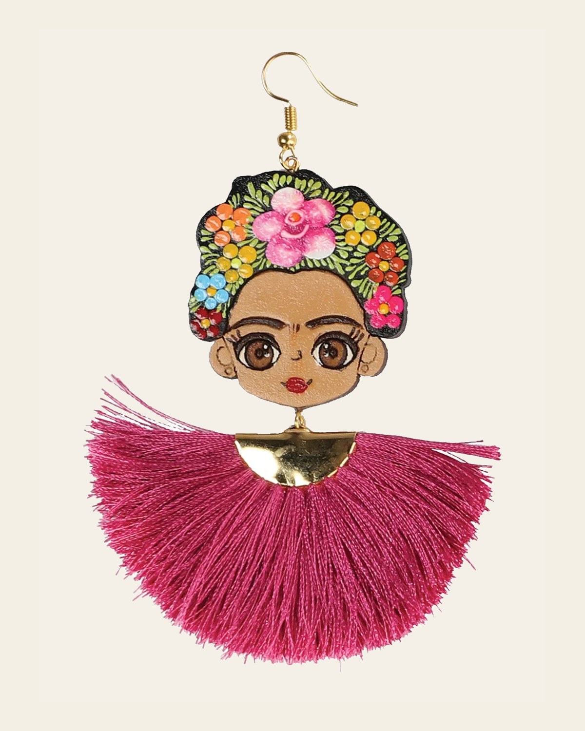 Artisanal Hand Painted Earrings Wood-Silk Thread Fuchsia 602991 on a warm cream background