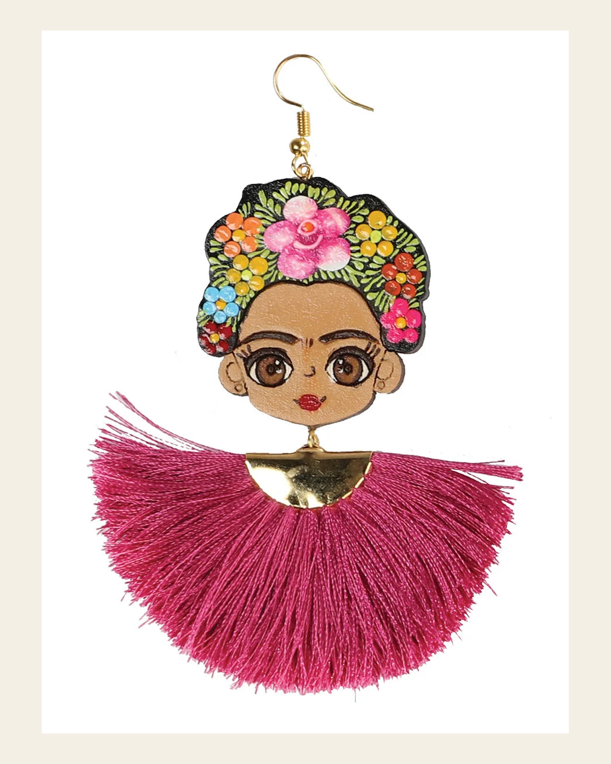 Artisanal Hand Painted Earrings Wood-Silk Thread Fuchsia 602991 on a warm cream background