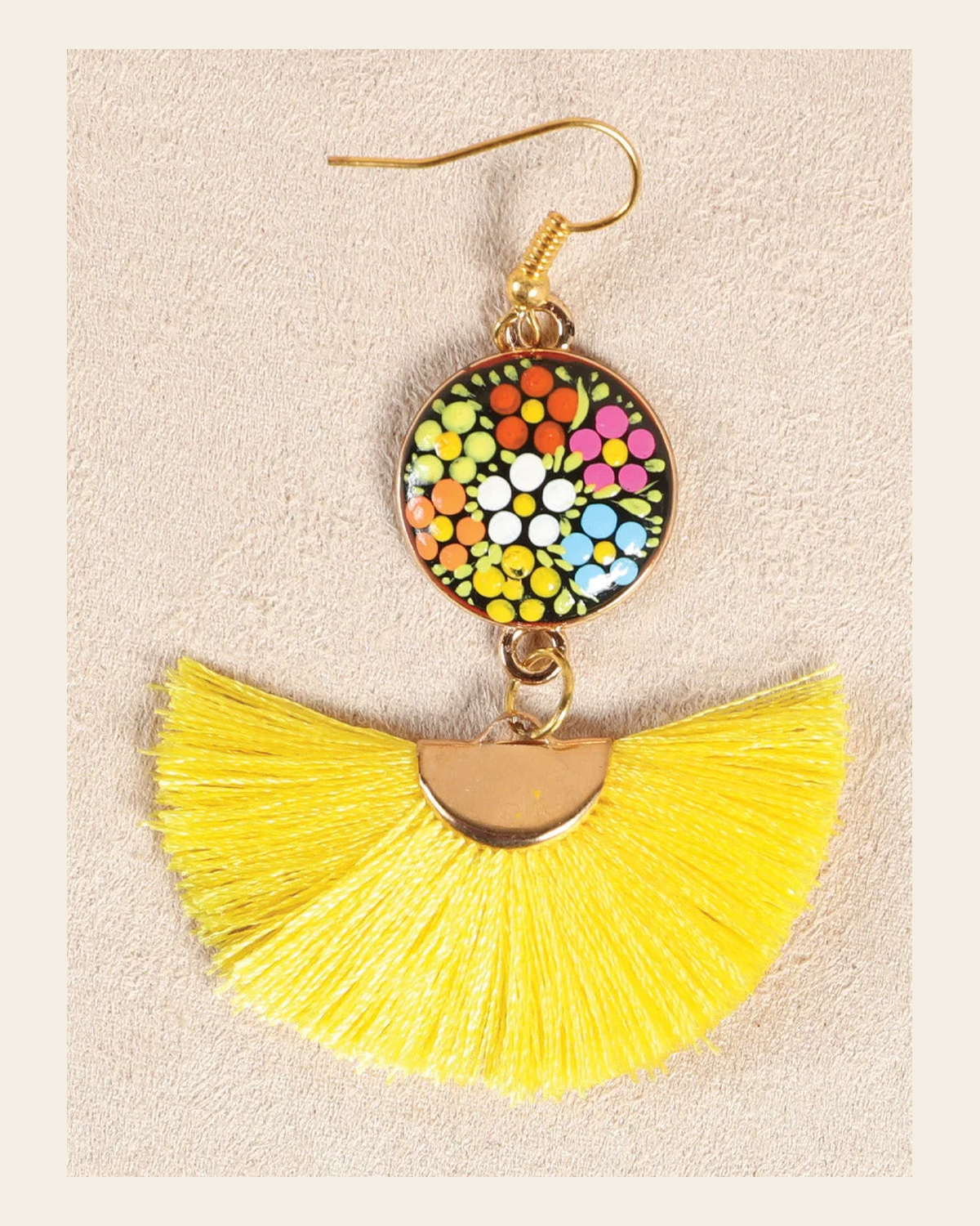 Artisanal Hand Painted Earrings Wood-Silk Thread Yellow 602174 on a warm cream background
