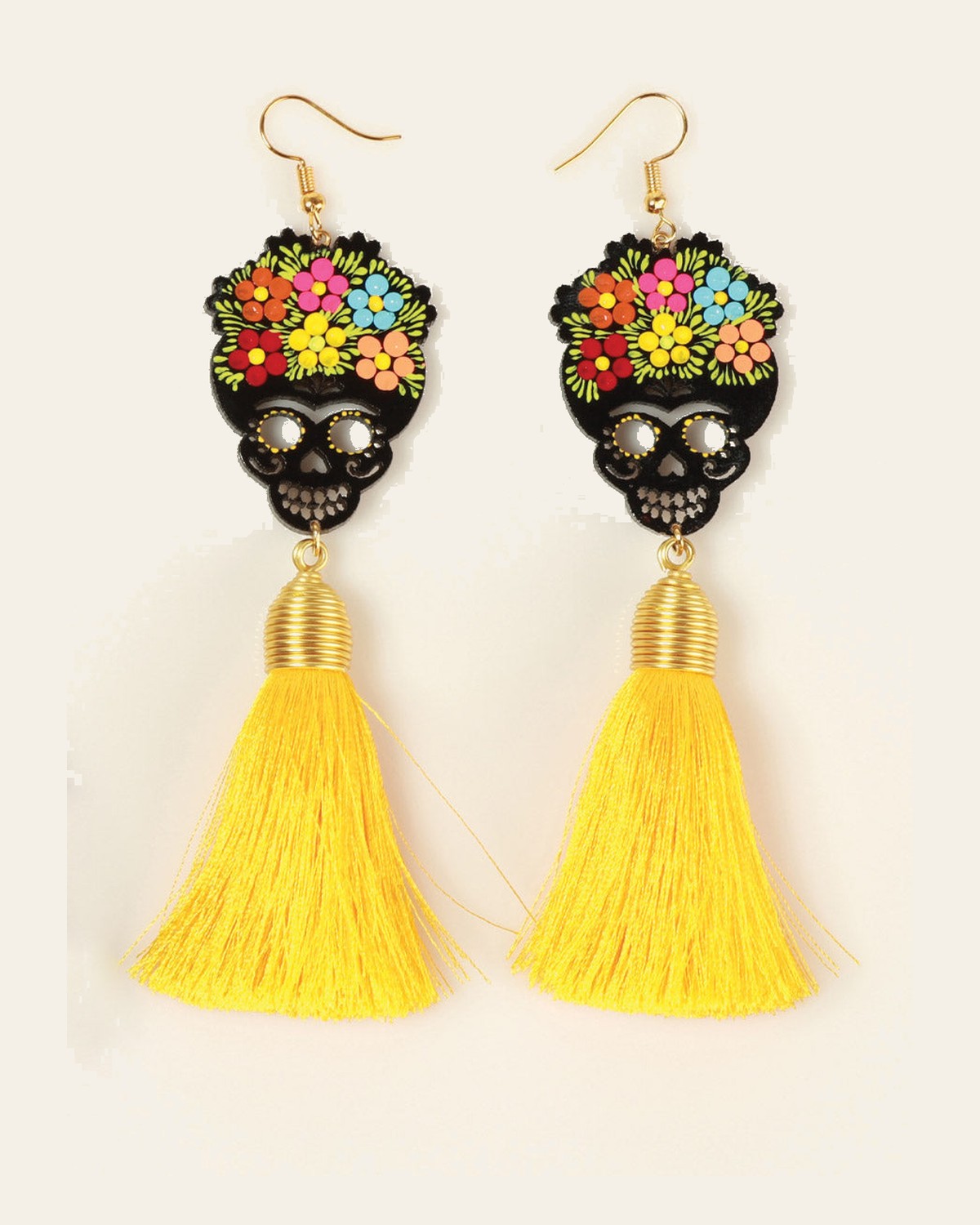 Artisanal Hand Painted Earrings Wood-Silk Thread Yellow 602942 on a warm cream background
