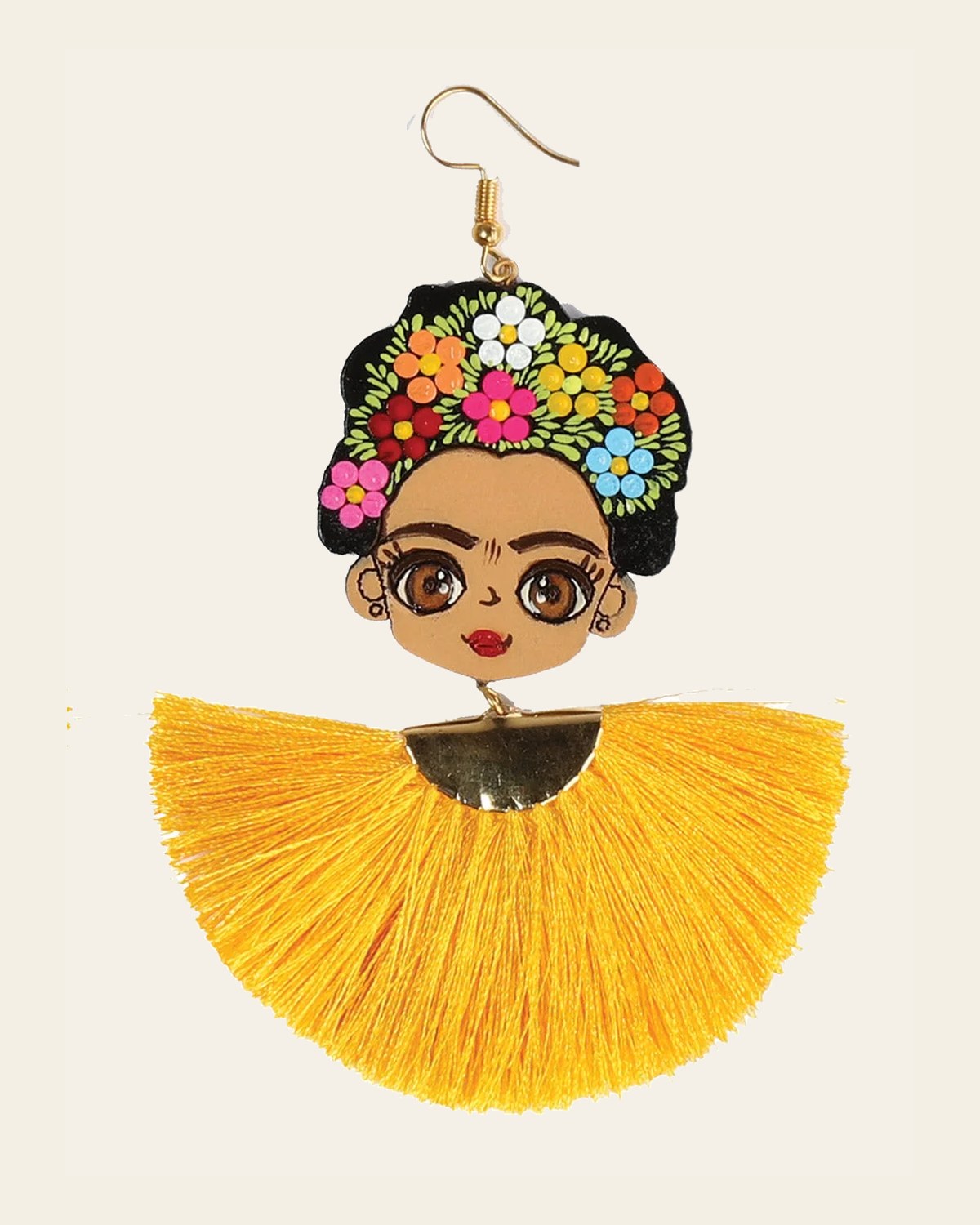 Artisanal Hand Painted Earrings Wood-Silk Thread Yellow 602992 on a warm cream background