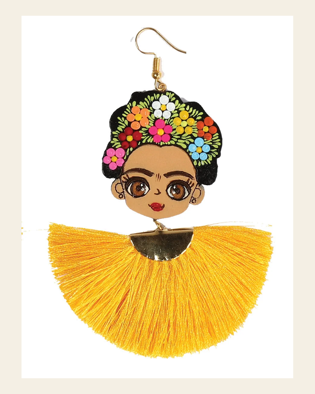 Artisanal Hand Painted Earrings Wood-Silk Thread Yellow 602992 on a warm cream background