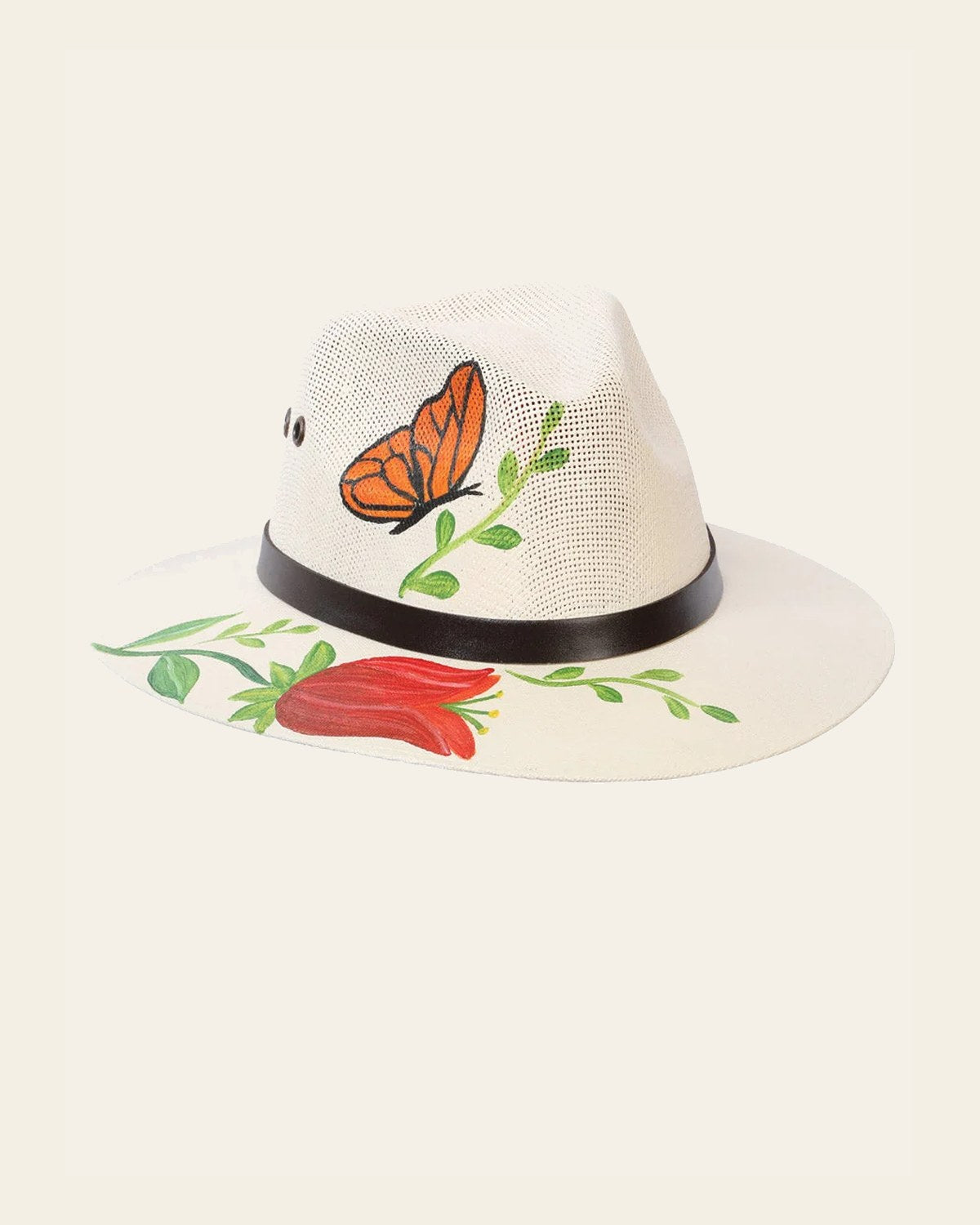 Artisanal Hand Painted Hat 100% Palm Natural 602405 on a warm cream background