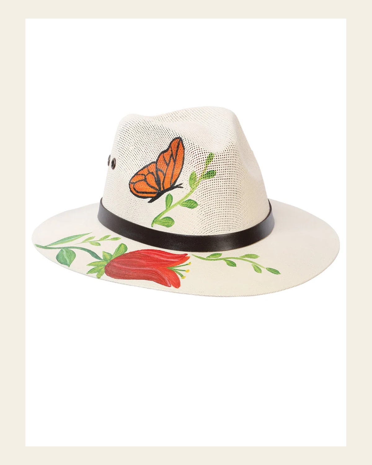 Artisanal Hand Painted Hat 100% Palm Natural 602405 on a warm cream background