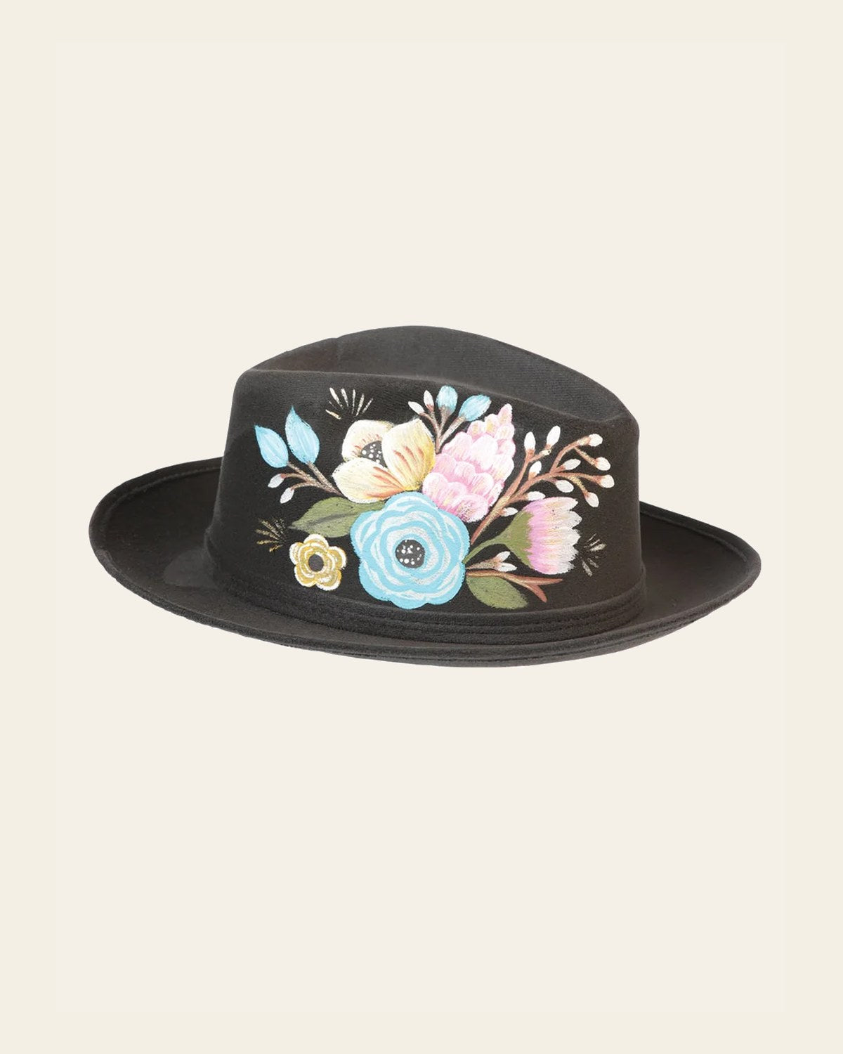 Artisanal Hand Painted Hat Suede Black 603820 on a warm cream background