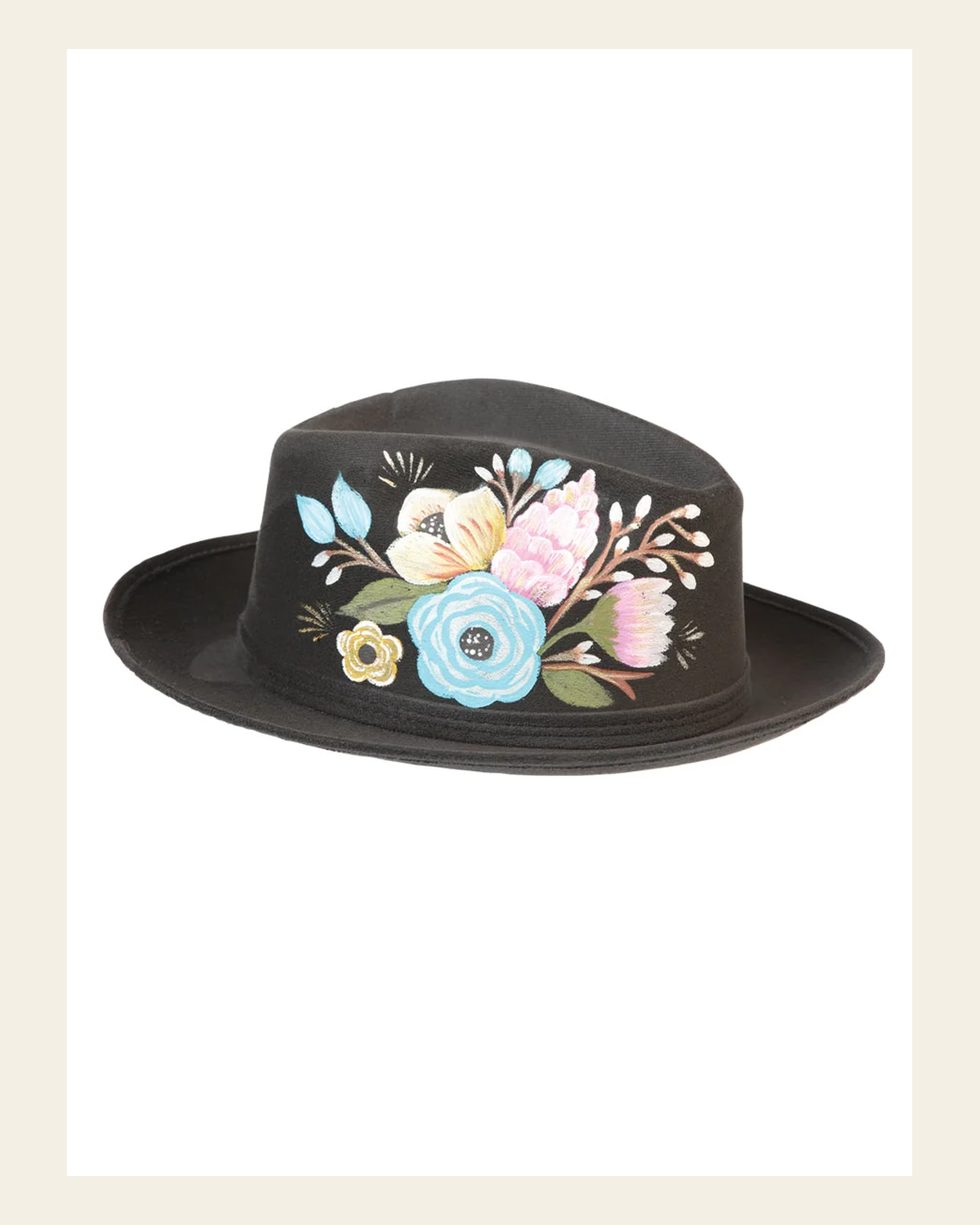 Artisanal Hand Painted Hat Suede Black 603820 on a warm cream background