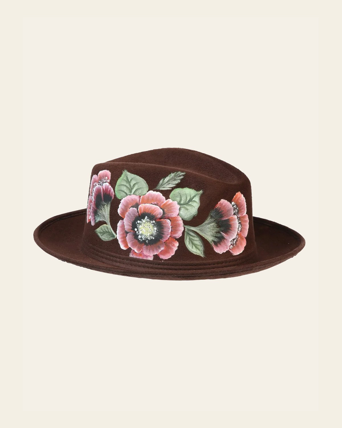 Artisanal Hand Painted Hat Suede Brown 603822 on a warm cream background
