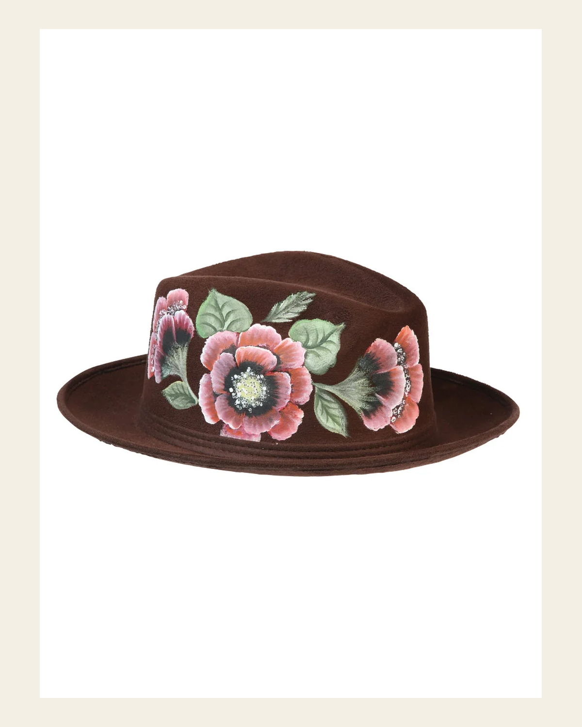 Artisanal Hand Painted Hat Suede Brown 603822 on a warm cream background