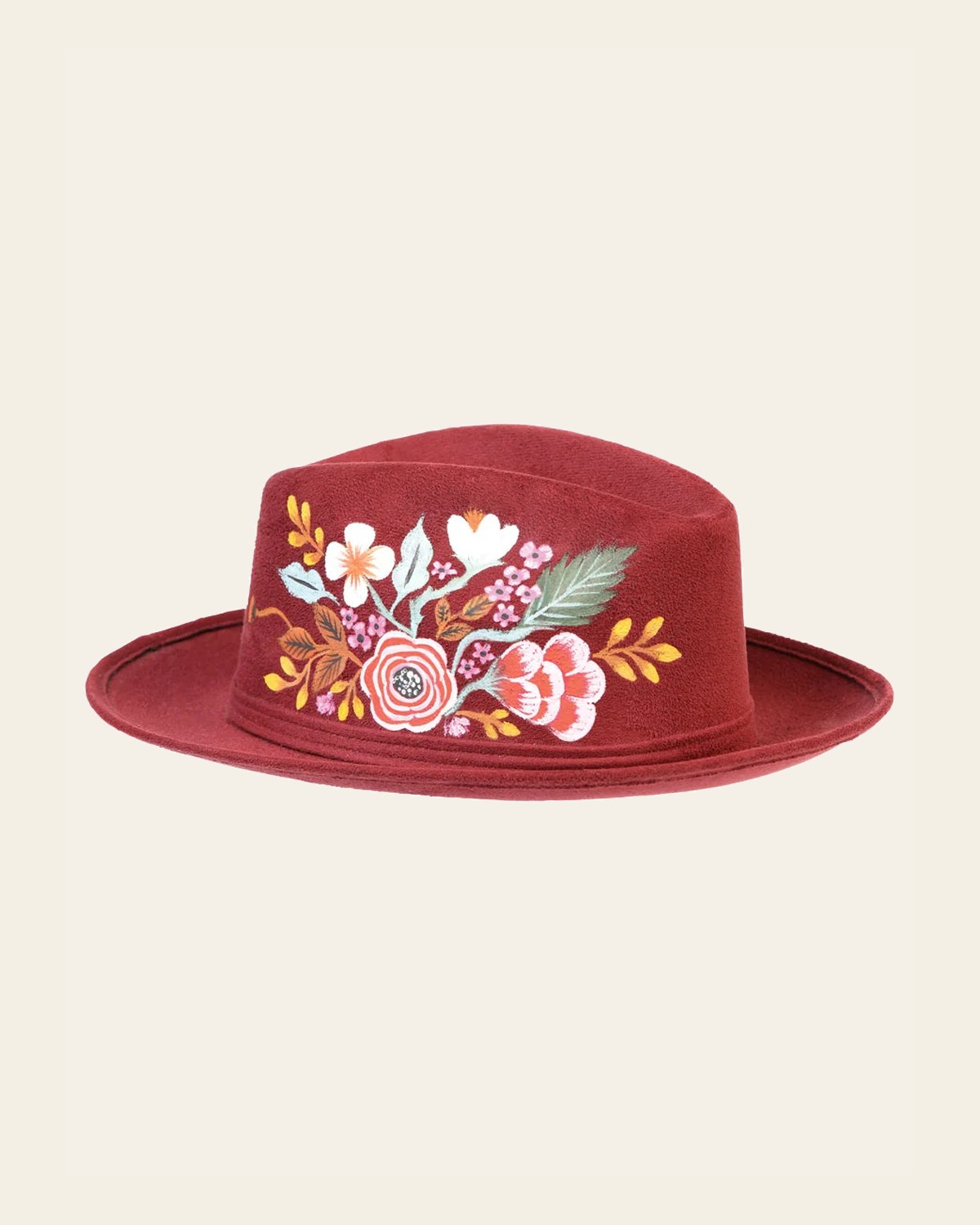 Artisanal Hand Painted Hat Suede Wine 603821 on a warm cream background