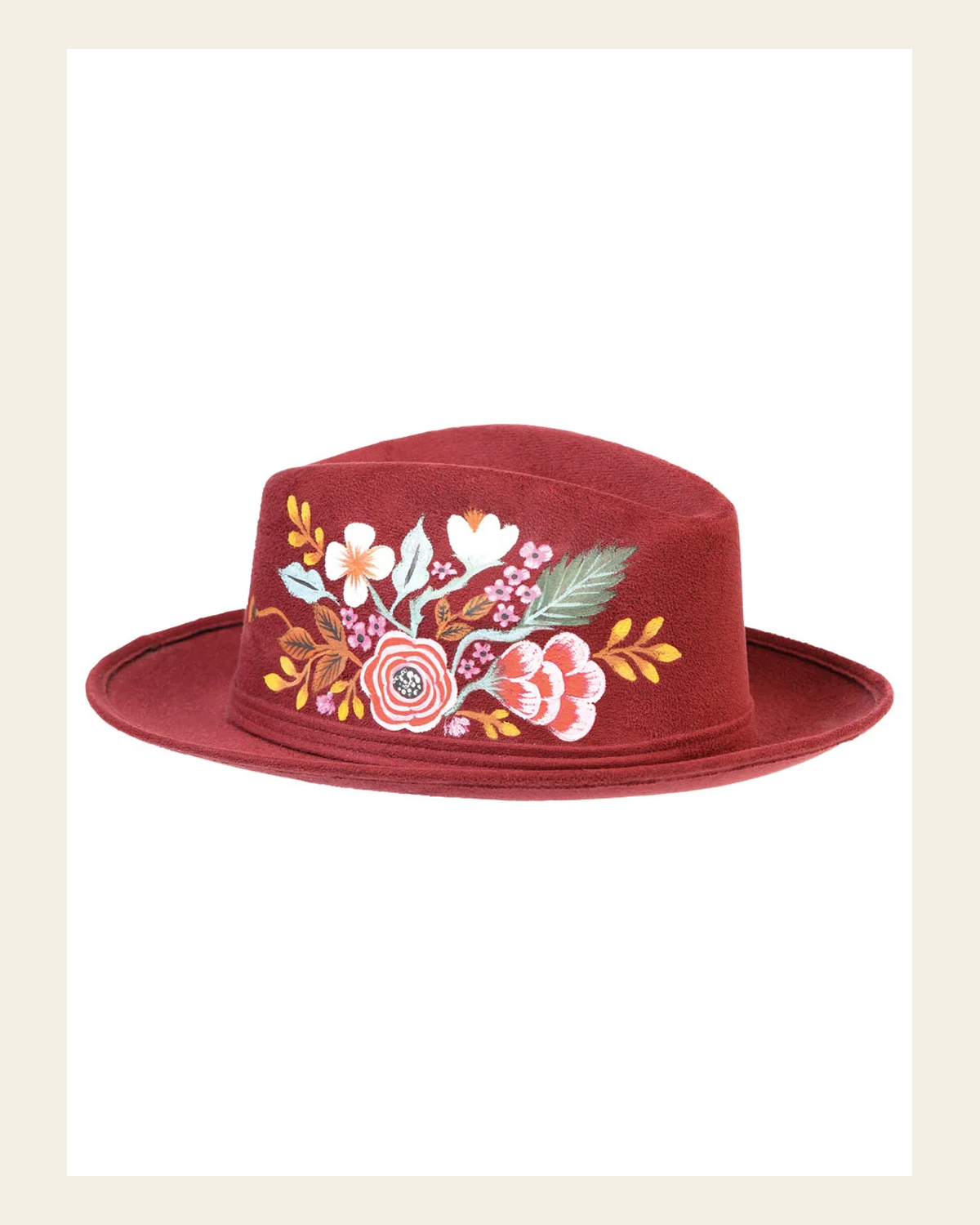Artisanal Hand Painted Hat Suede Wine 603821 on a warm cream background