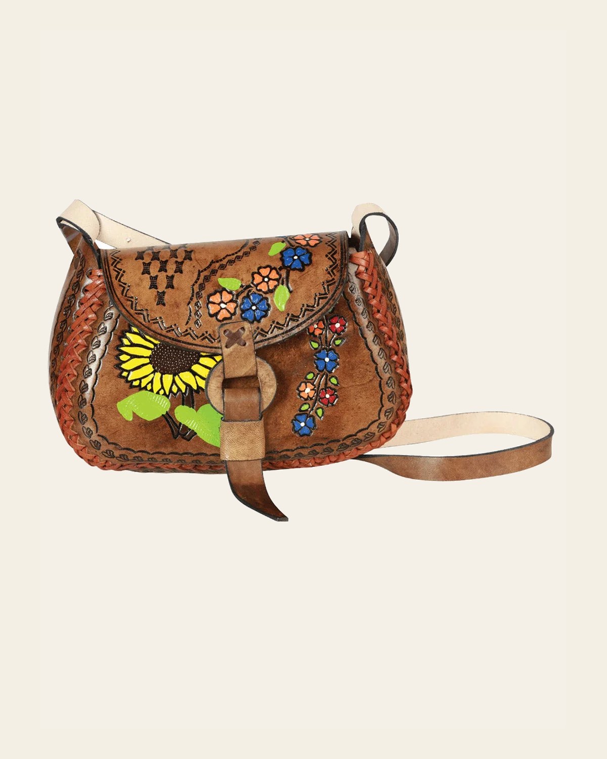 Artisanal Handbag Leather Brown/Multicolor 603679 on a warm cream background