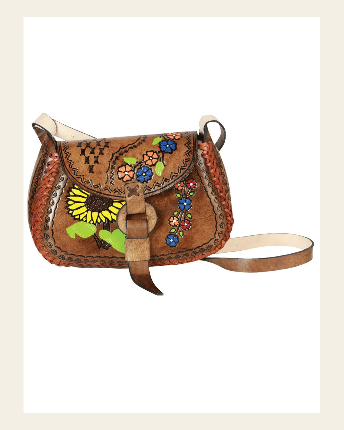Artisanal Handbag Leather Brown/Multicolor 603679 on a warm cream background