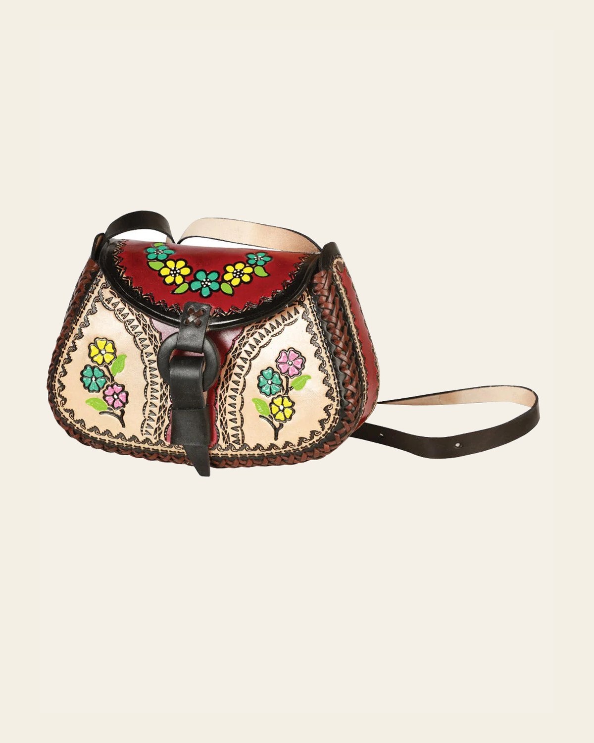 Artisanal Handbag Leather Wine/Multicolor 603680 on a warm cream background