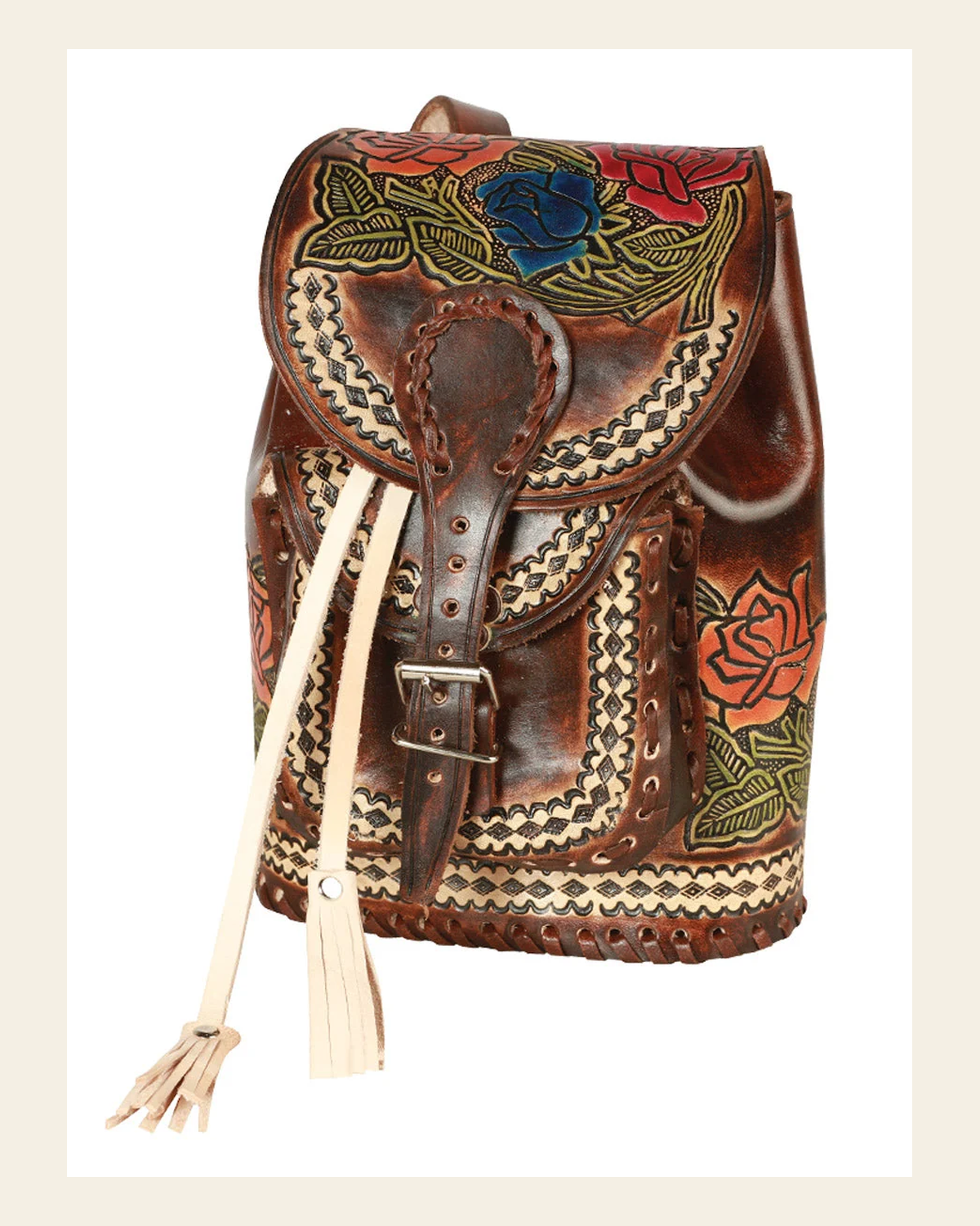 Artisanal Handbag Leather Brown/Multicolor 603682 on a warm cream background