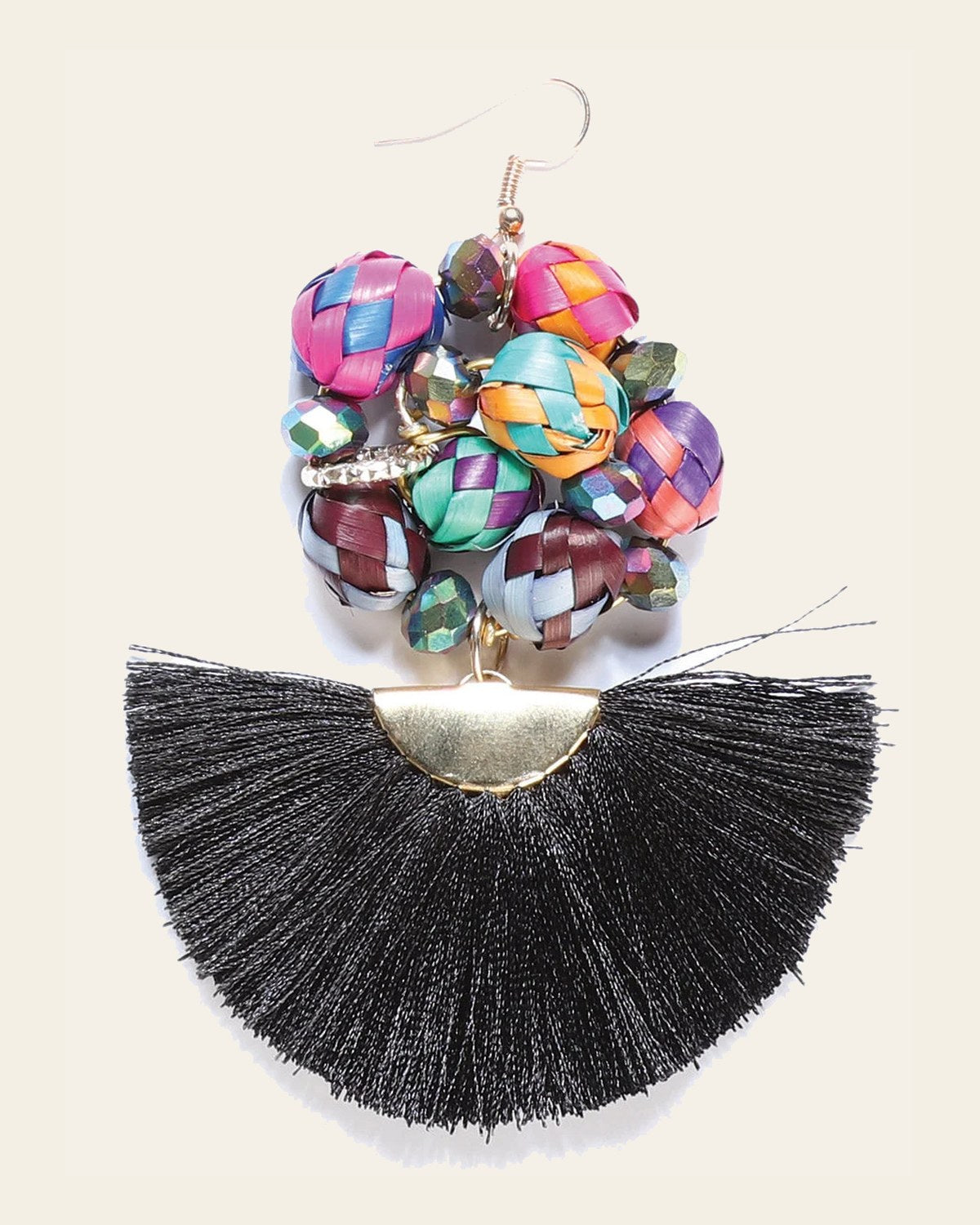 Artisanal Handcrafted Earrings Palm-Silk Thread Black 602570 on a warm cream background