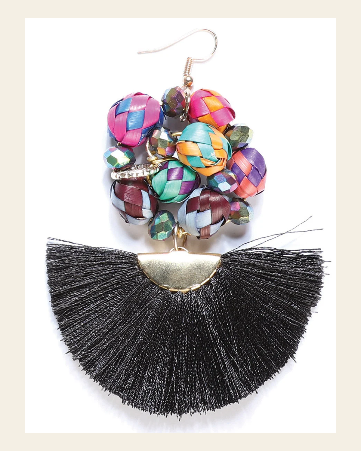 Artisanal Handcrafted Earrings Palm-Silk Thread Black 602570 on a warm cream background