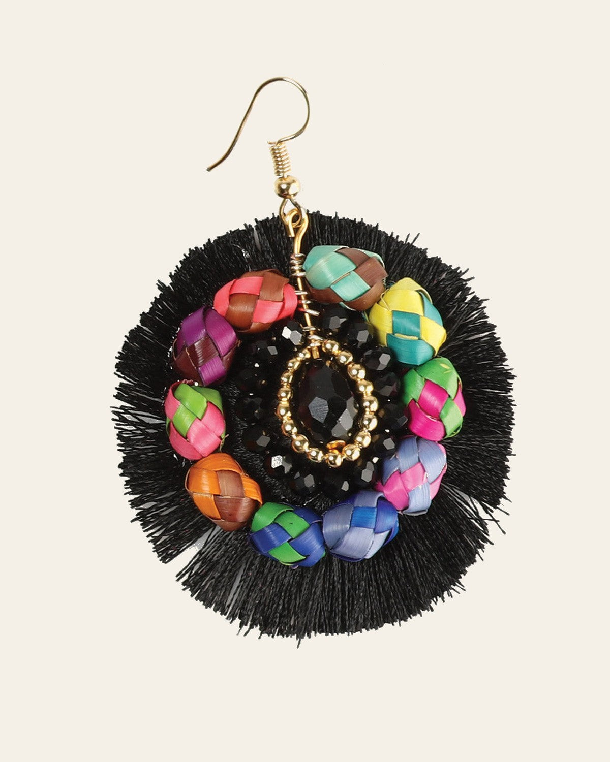 Artisanal Handcrafted Earrings Palm-Silk Thread Black 603248 on a warm cream background