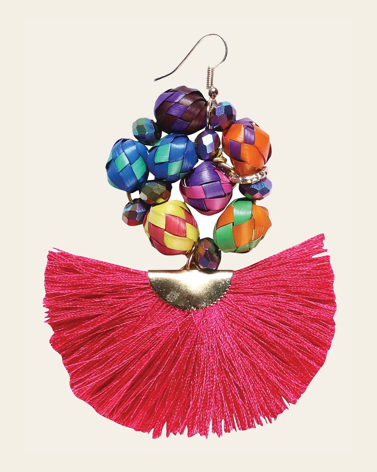 Artisanal Handcrafted Earrings Palm-Silk Thread Fuchsia 602572 on a warm cream background