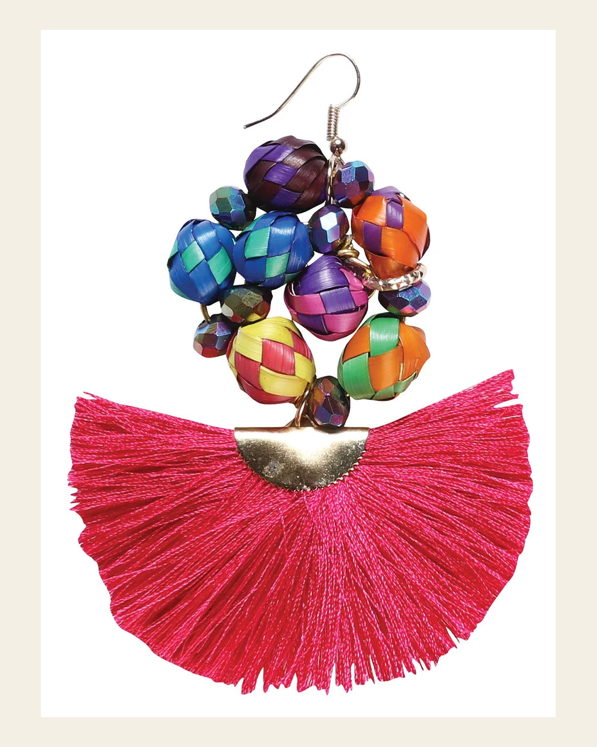 Artisanal Handcrafted Earrings Palm-Silk Thread Fuchsia 602572 on a warm cream background