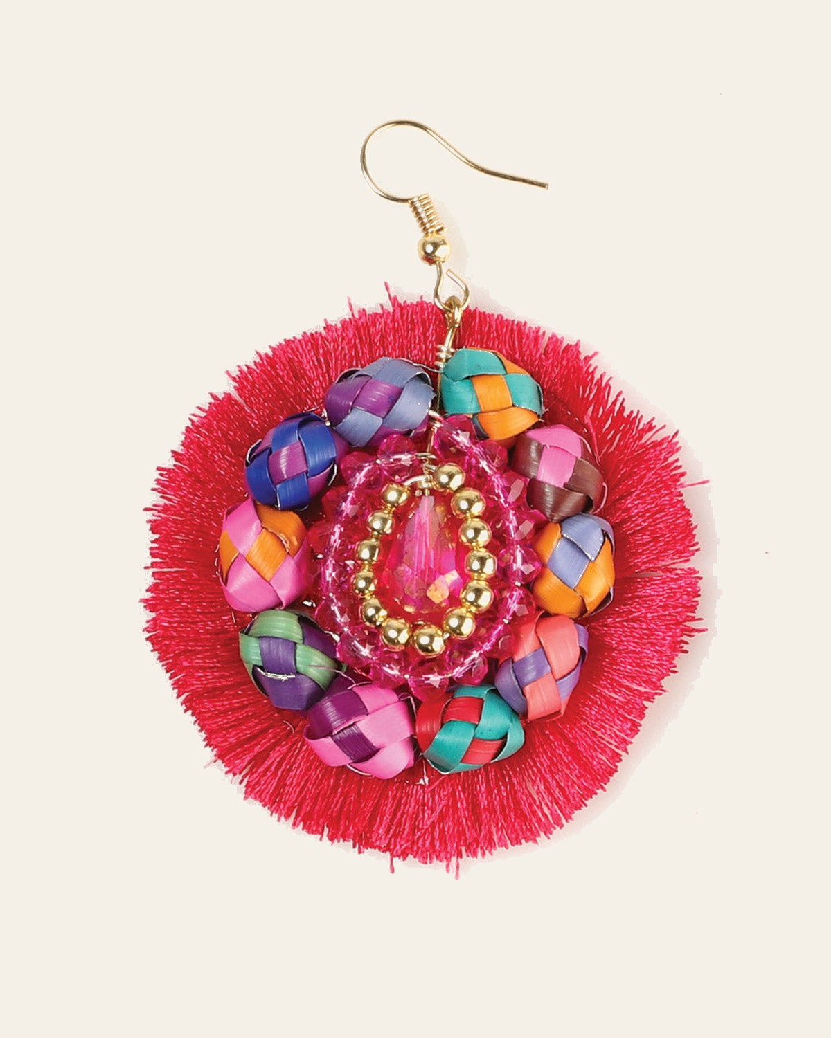 Artisanal Handcrafted Earrings Palm-Silk Thread Fuchsia 603251 on a warm cream background