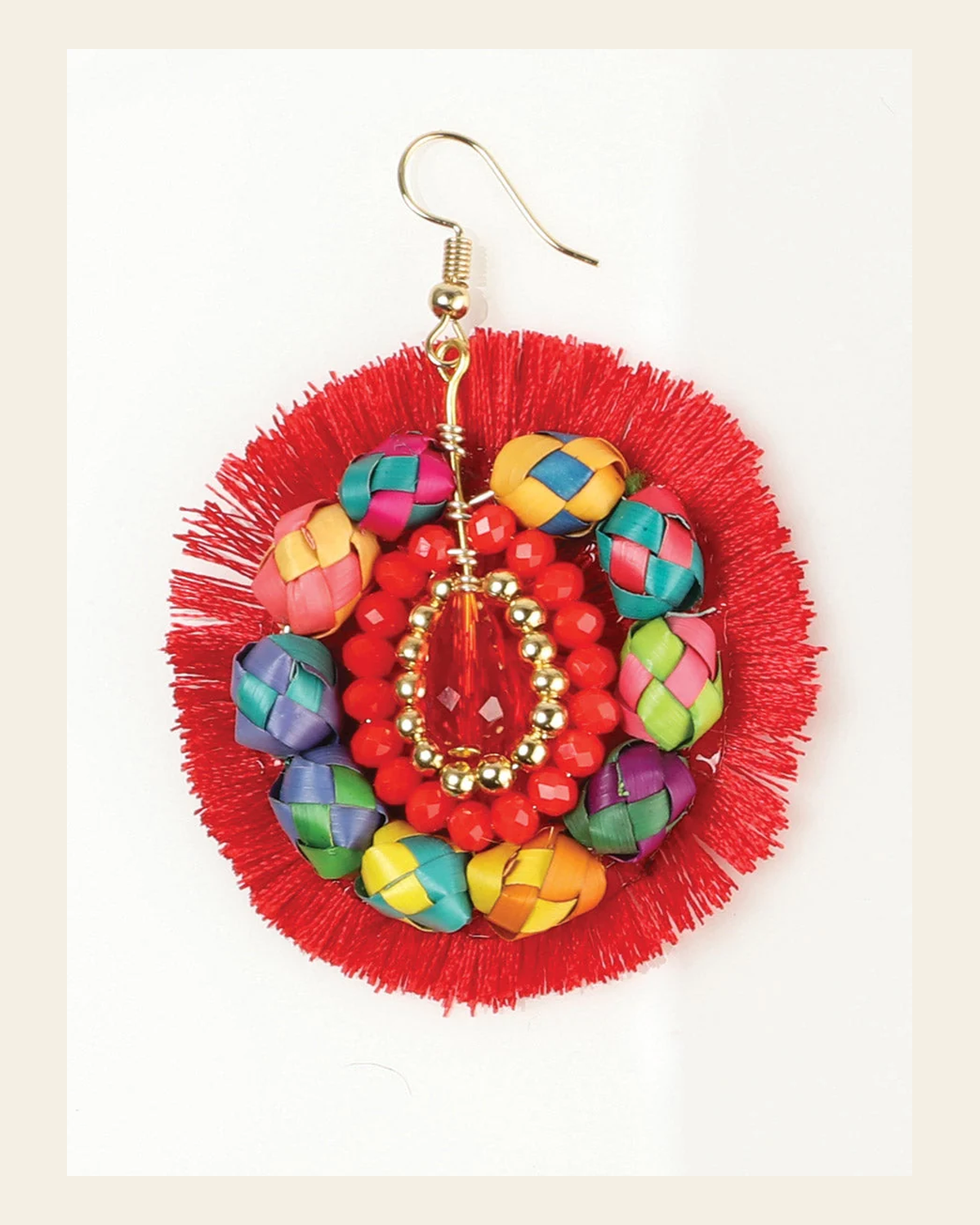 Artisanal Handcrafted Earrings Palm-Silk Thread Red 603249 on a warm cream background