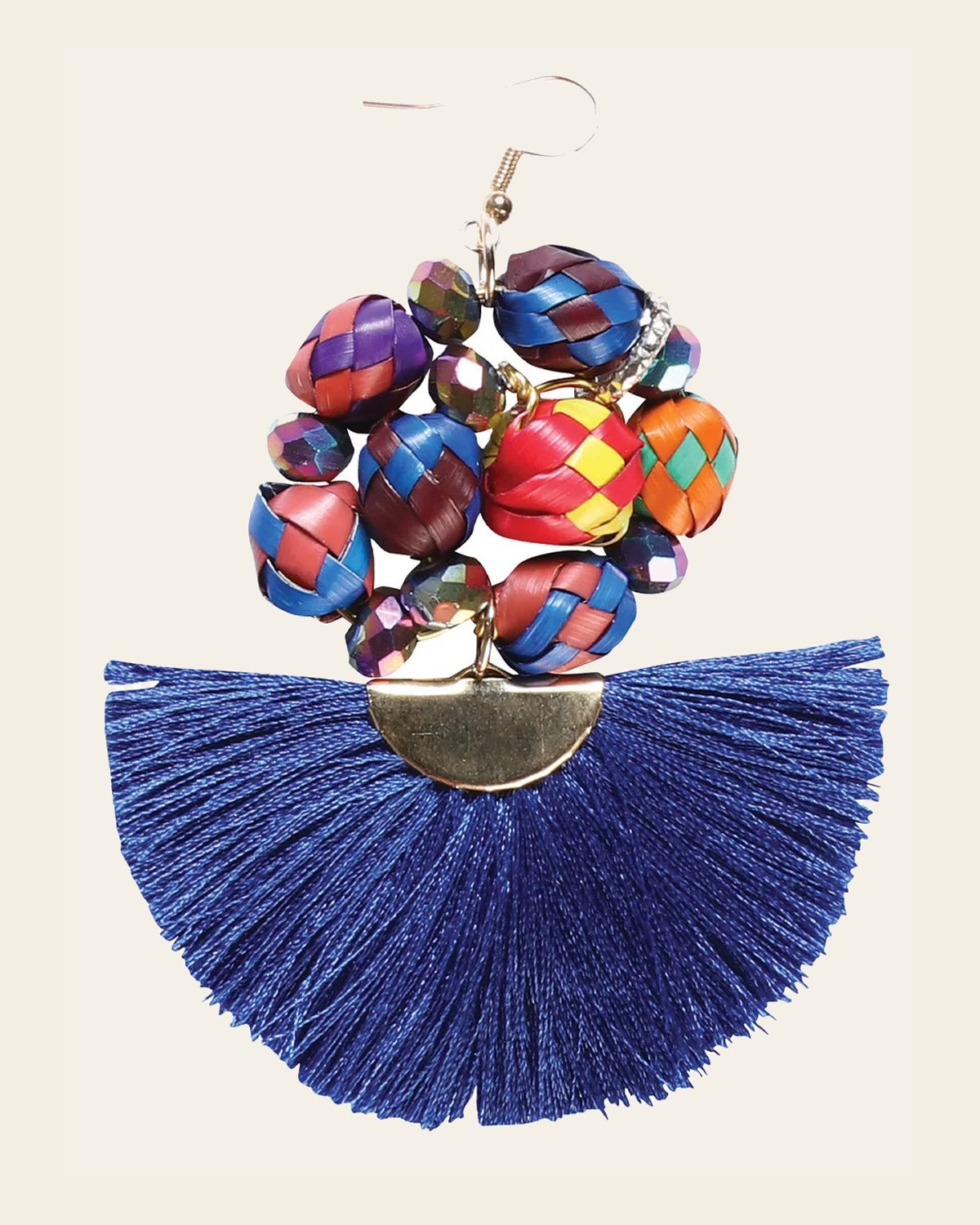 Artisanal Handcrafted Earrings Palm-Silk Thread Royal Blue 602574 on a warm cream background