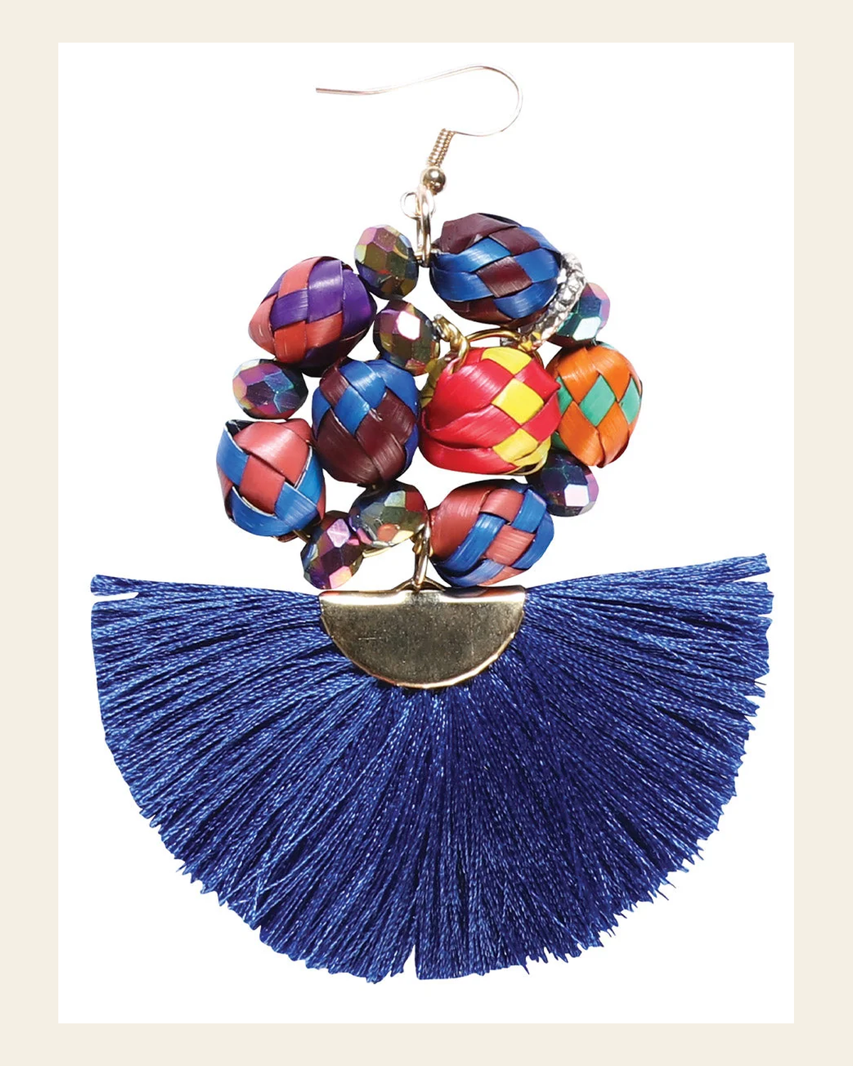 Artisanal Handcrafted Earrings Palm-Silk Thread Royal Blue 602574 on a warm cream background