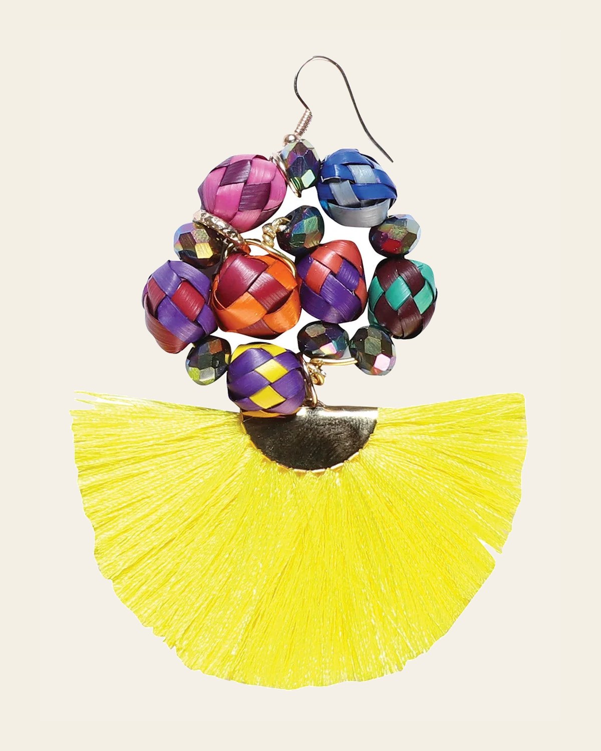Artisanal Handcrafted Earrings Palm-Silk Thread Yellow 602573 on a warm cream background