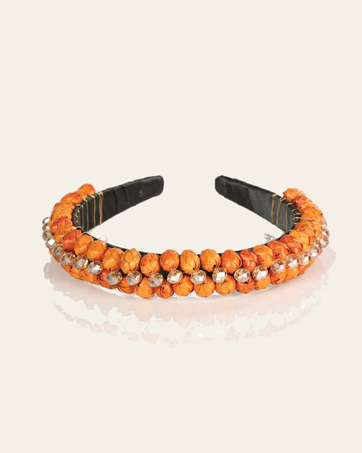 Artisanal Handcrafted Headband 100% Leaf Palm Orange 603274 on a warm cream background