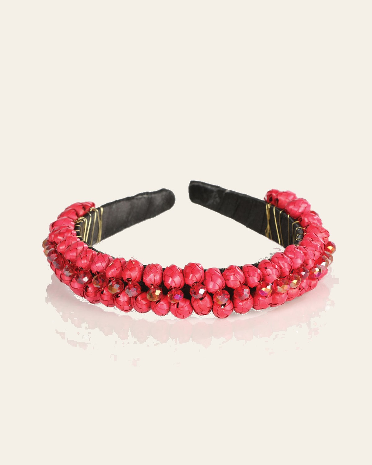 Artisanal Handcrafted Headband 100% Leaf Palm Red 603275 on a warm cream background