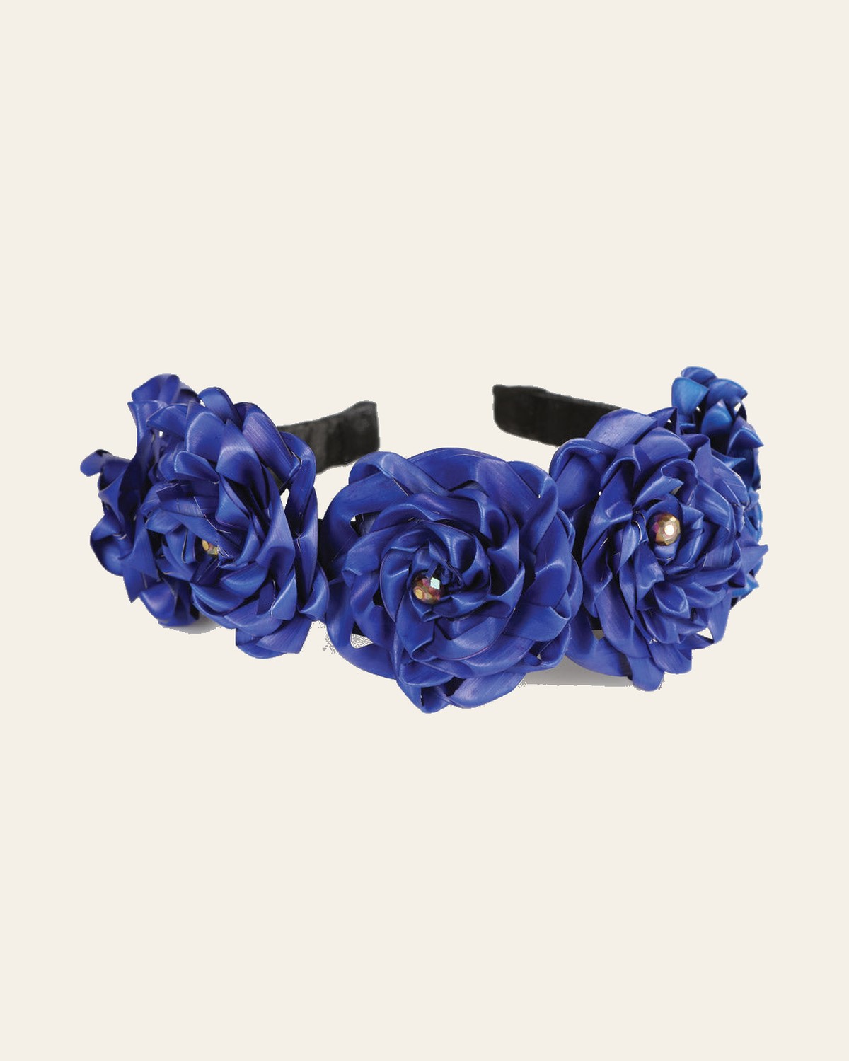 Artisanal Handcrafted Headband 100% Leaf Palm Royal Blue 603206 on a warm cream background