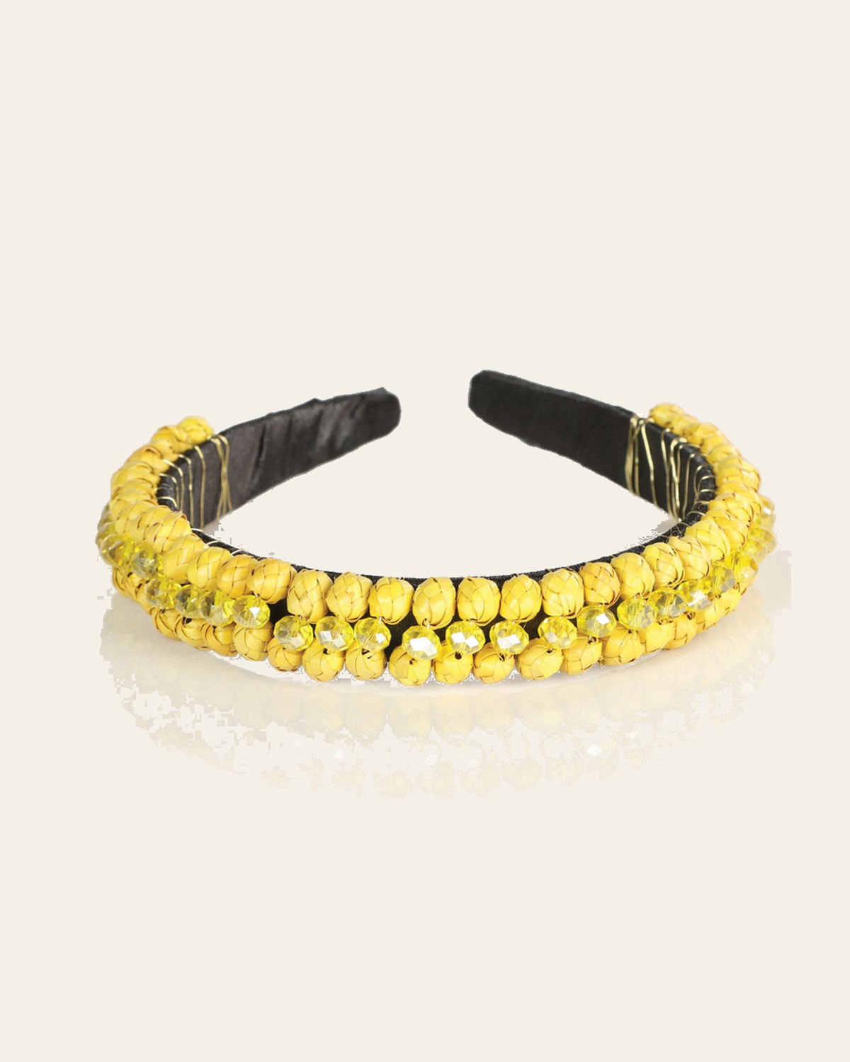 Artisanal Handcrafted Headband 100% Leaf Palm Yellow 603272 on a warm cream background